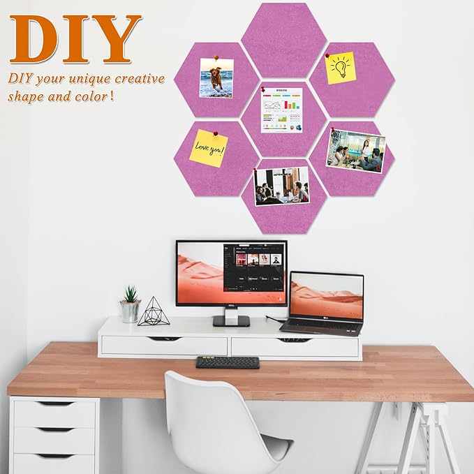 Large Hexagon Felt Cork Board Tiles, Self Adhesive DIY Felt Bulletin Board Pin Board with 35 Pushpins for Office School Home Wall Decor Stickers Memos Photos Display(Light Purple)