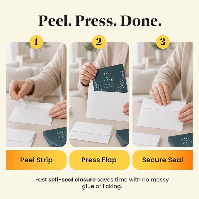 5x7 Envelopes for Invitations - 110 White Envelopes for 5x7 Cards - A7 - (5 ¼ x 7 ¼ inches) - Perfect for Weddings, Graduation, Baby Shower - 120 GSM - Peel, Press & Self Seal - Square Flap