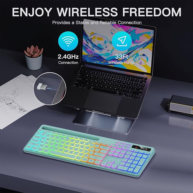 Wireless Keyboard with 7-Color RGB Backlit, Soueto Full-Size Computer Keyboard with Phone Tablet Holder, 2.4G Rechargeable Gaming Keyboard with Light Up Keys, Compatible with Mac, Windows (Mint Green)