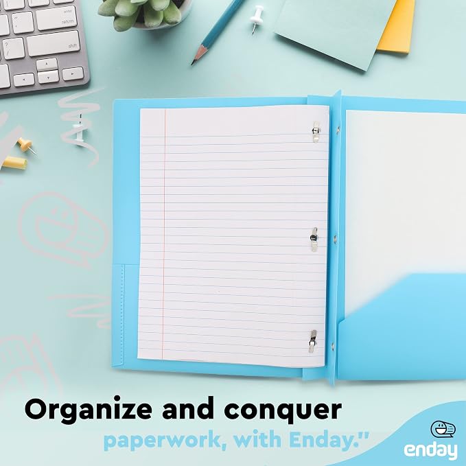 Plastic Folders with Pockets and Prongs Blue - Two Pocket Folder with Brads - 3 Prong Folders with Pockets for Letter Size Sheets, Also Available in Purple, Green, Red, Pink, and Grey, 1 Pc –by Enday