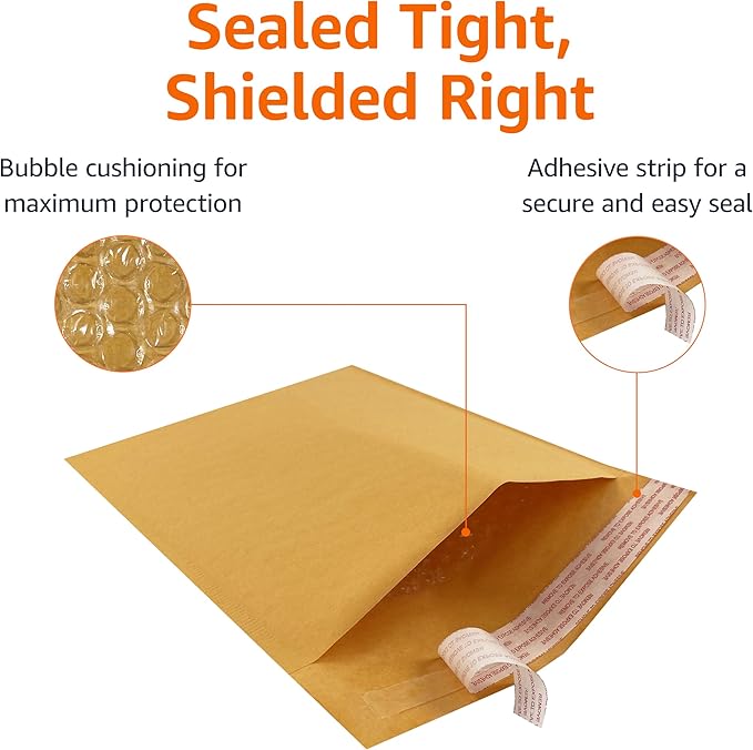 Amazon Basics Kraft Bubble Self-Seal Padded Envelopes for Shipping, 4" x 8" (Internal Size - 3.75" x 7"), Brown, 50-Pack