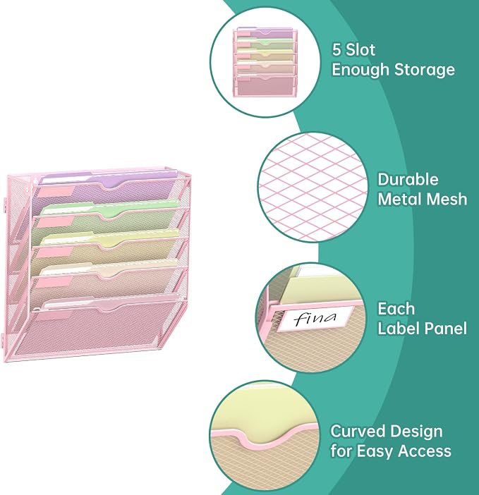 5 Tier Wall File Organizer, Hanging Wall Mounted Mail Organizer with Label Slots, Metal Mesh File Holder Magazine Rack for Office, Home, School, Pink