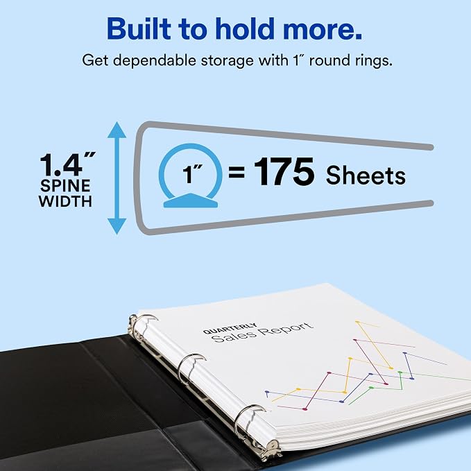 Avery Standard View 3 Ring Binder, 1" Round Rings, 175-Sheet Capacity, 1.4 Inch Wide Spine, 1 White Binder, Ideal for Lightweight Organization and Occasional Referencing (05711)