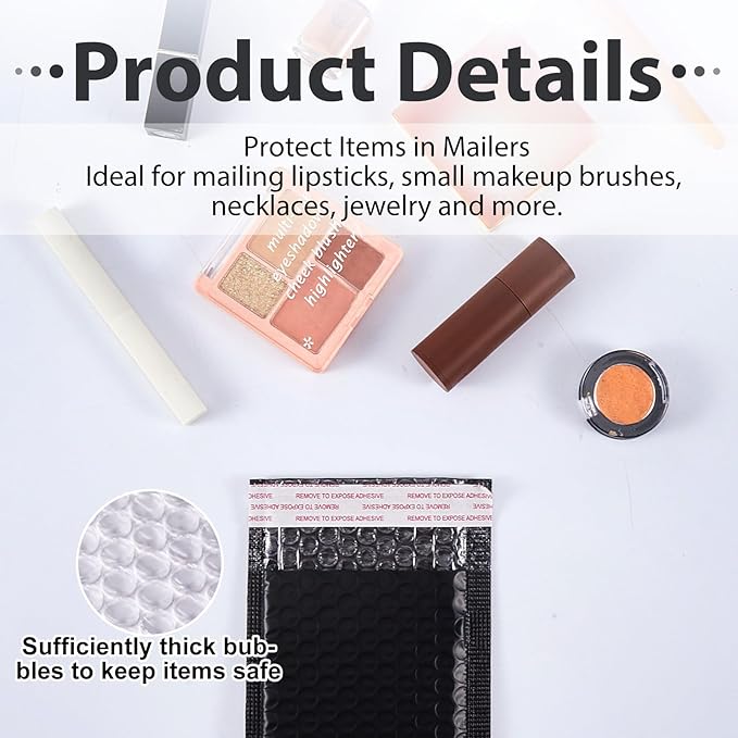 Henoyso 100 Pcs Bubble Mailer 4 Sizes Self Adhesive Black Waterproof Padded Envelopes Cushioning Seal Bubble Shipping Envelopes for Mailing Packaging Small Business Packing Supplies