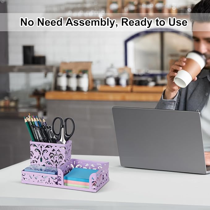 EasyPAG Desk Organizer 3 Compartment Pen Holder for Desk Office Supplies Caddy with Sticky Notes Holder for School Home, Purple