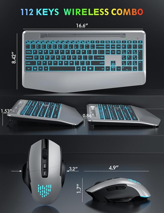Wireless Keyboard and Mouse Combo, Backlit Scissor Keys, Wrist Rest | 7-Color Backlight, Phone Holder, Rechargeable, LED Mouse, Ergonomic Support, Quiet Typing, Win/Mac/ChromeOS, KM22 Ultra+