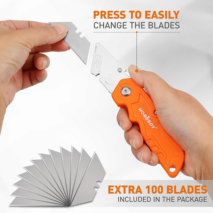 HORUSDY 20-Pack Folding Utility Knife Set, Heavy-Duty Box Cutters with 100 Extra Razor Blades, Quick-Change Foldable Knives for Drywall, Carpet, Boxes, Color-Coded Handles for Jobsite & Home Use