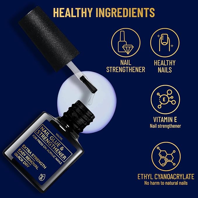 Valitic Strong Nail Glue and Strengthener for Acrylic and Press On Nails - Quick Dry Brush On Gel for Long Lasting Effect - Adhesive Nail Bond for False Nails with Tips Strengthener - 3 Pack