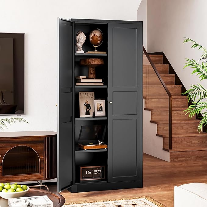 Letaya Black Storage Cabinet with Adjustable Shelves-Metal Home Kitchen Pantry Cabinets with Doors,Organization Locker for Cupboard/Bedroom/Dining/Living/Bathroom/Office/Garage Room
