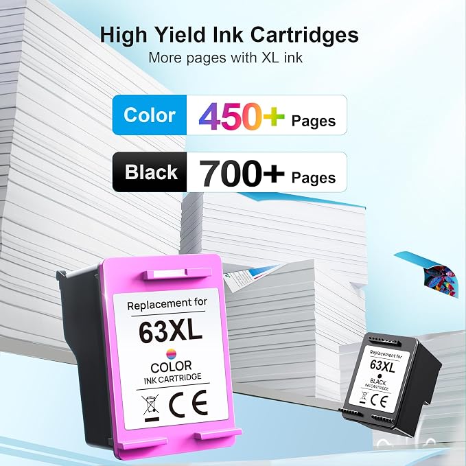 63XL Ink Cartridges Black and Color High Yield for HP Ink 63, Compatible for HP 63XL Ink Cartridge Combo Pack Work for HP OfficeJet 3830 4650 5255 5258 Envy 4520 4512 DeskJet 1112 2130 3630 (2 Pack)