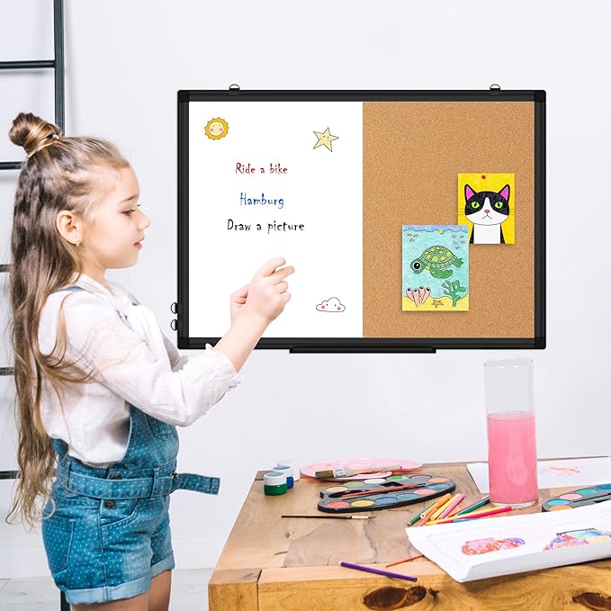 [24" x 36"] WALGLASS Dry Erase and Bulletin Boards Combo, Magnetic White Board Cork Board for Wall, Whiteboard & Corkboard Combination with Aluminum Frame, for Home, Classroom, Office