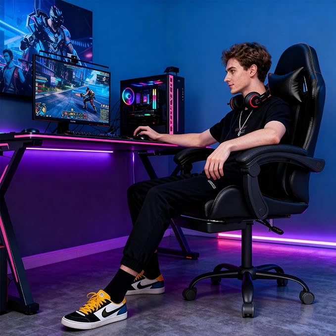 Gaming Chair with Headrest and Lumbar Support, Ergonomic High Back Office Chair, Racing Style Executive Computer Desk Chair, Leather Adjustable Swivel Task Chair for Home Office (Black)