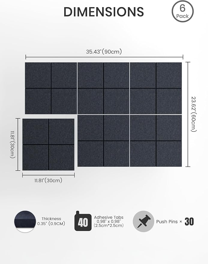 Bumusty 36" x 24" Large Cork Board Alternative, Deep Charcoal Blue | 6-Pack Felt Bulletin Board Tiles, 60 Adhesive Tabs, 30 Pushpins, Home, Office, Classroom, Vision Board