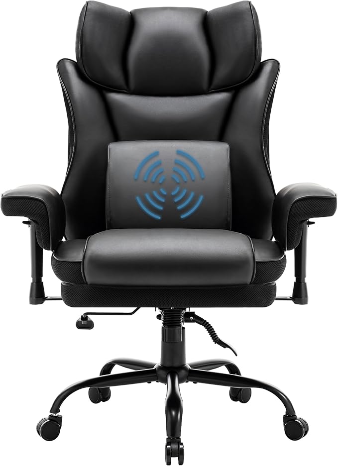 650lbs Big and Tall Office Chair with for Heavy People with Massage Lumbar Pillow, Heavy Duty Executive Desk Chair with Adjustable Padded Armrest & Lumbar Support for Adults 8 Hours Daliy Work