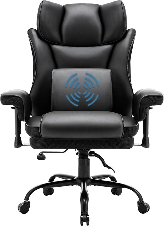 650lbs Big and Tall Office Chair with for Heavy People with Massage Lumbar Pillow, Heavy Duty Executive Desk Chair with Adjustable Padded Armrest & Lumbar Support for Adults 8 Hours Daliy Work