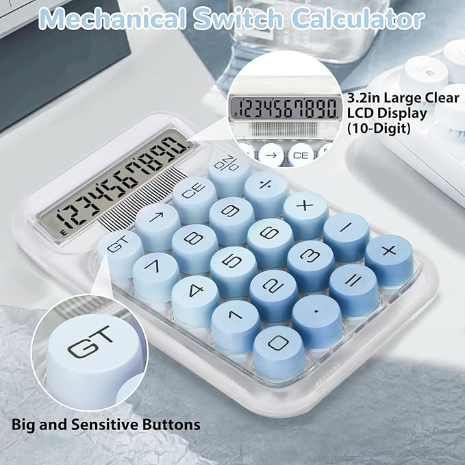 Cute Calculator, Mechanical Switch Calculator, Calculators Desktop 10 Digits, Desk Calculators with Big Buttons and LCD Display, Battery Power, Ideal for School Home Office Basic(Blue)