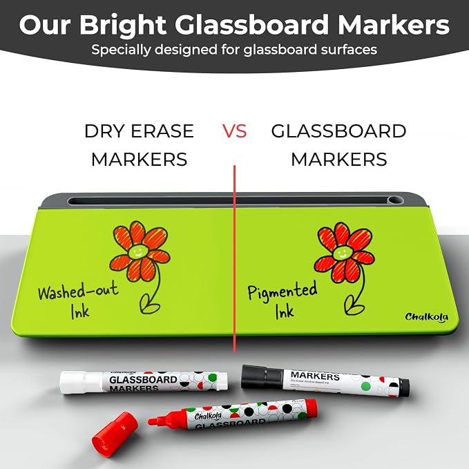 Chalkola Neon Green Glass Desktop Whiteboard with Storage - Dry Erase Board | Work Desk Organizers, Computer Keyboard Stand, Home Office Desk Accessories, Workspace Desk Board Buddy + 3 Markers