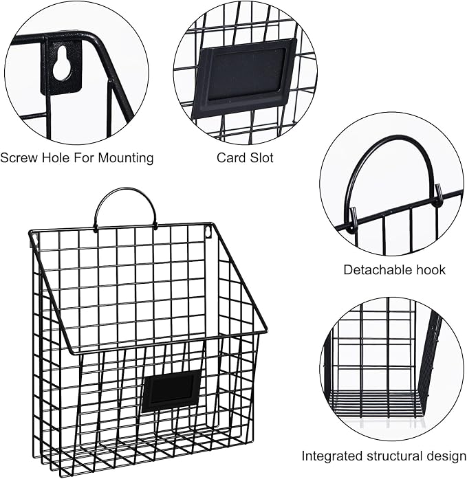 4 Packs Hanging Wall File Organizer with Hooks, Magazine Rack ,Mail Basket | Metal Wall Mounted File Holder Folder with Handles , Home Office Organization for Papers Book, No Assembly Required, Black