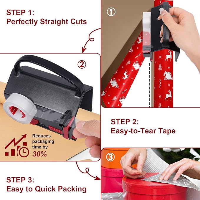 (2-Pack) Wrapping Paper Cutter & Tape Dispenser Dual Use - 4 Tapes, 2 Replace Blades - Gift Wrap Tool, Paper Roll Slicer, Smooth Straight Cut Packaging Tool for Birthday, Holiday & Office Use