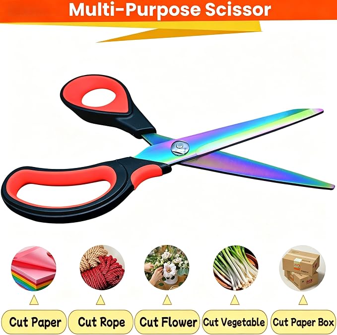 Scissors Multi-Purpose, 9.5" Sharp Sewing Scissors, Professional Heavy Duty Titanium Coating Forged Stainless Steel Shears for Fabric Leather,Dressmaking,Tailoring,Quilting,Home,Office,Art & School
