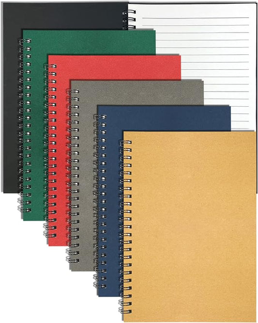 6Pack Spiral Notebook, 5.7x8.3” Small Notebooks for Work 120 Page Note Pads | Multipack Blank Kraft A5 College Ruled Notebook Journal Spiral Bound for Writing Lined Notepad for Office School Journaling