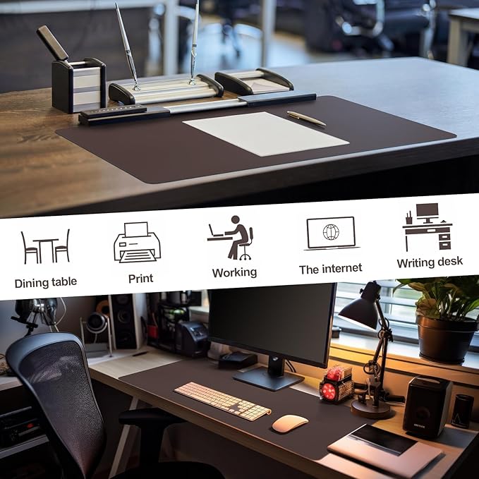 Tegeme Leather Desk Mat Large Desk Pad 35.4 x 15.7 Inch Non Slip Table Protector with Stitched Edges and Rubber Base Dark Brown Stylish Workspace Accessory Laptop Mat Smooth Writing for Home Office