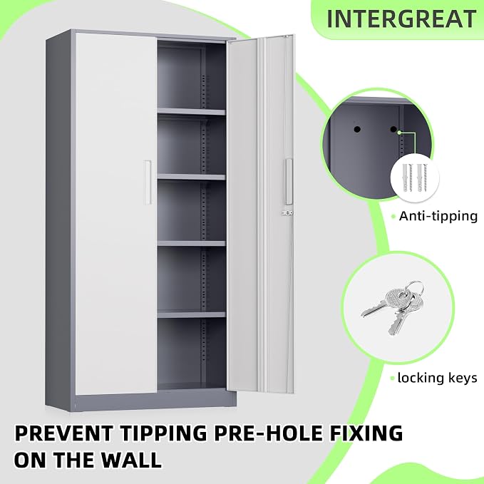 Metal Storage Cabinet, 72" Locking Steel Cabinets with 2 Door and 4 Adjustable Shelves, Tall Metal Cabinet for Home Office, Garage, Warehouse, New Grey