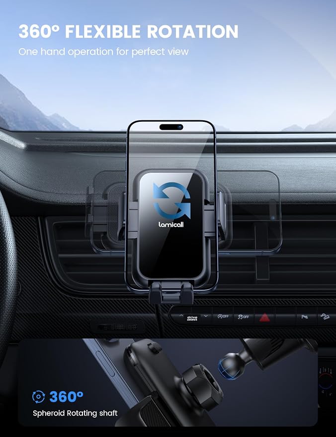 Lamicall 2026 Wider Clamp & Metal Hook Car Phone Holder Vent Accessories | Thick Cases Friendly Phone Holders for Your Car Mount Hands Free for Women Men for iPhone 17 16 15 14 13 Pro Max Lucite Black