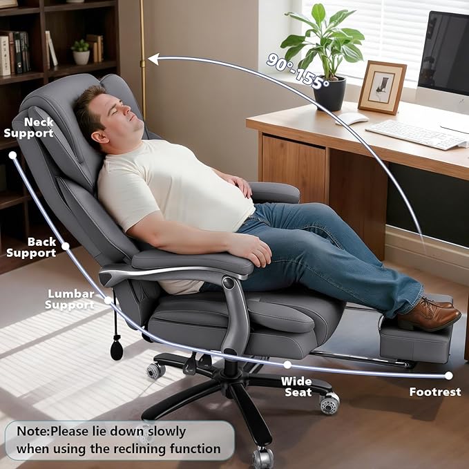 600lbs Big and Tall Office Chair for Heavy People,Heavy Duty Comfy Executive Office Desk Chair with Adjustable Lumbar Support,High Back Reclining PU Leather Computer Chair (Classic, Grey)