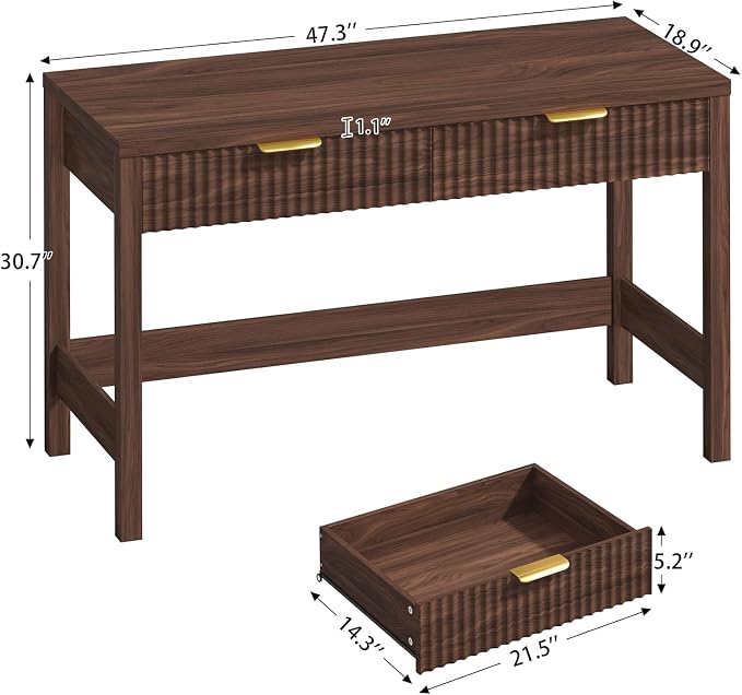 47 Inch Small Fluted Computer Desk with 2 Drawers for Bedroom, Home Office | Small Computer Desk with Storage, Compact Writing Study Desk for Small Spaces, Walnut