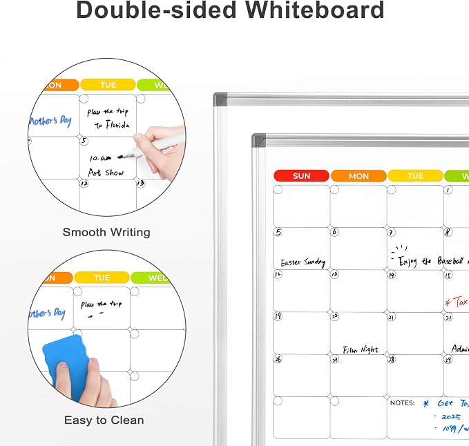 Colorful Dry Erase Calendar Whiteboard for Wall 24x18 Double-Sided Magnetic | Monthly Calendar, 7 Color Design, Wall Mount Hanging, Aluminum Frame, Smooth Dry Erase, Home School Office, Complete Kit