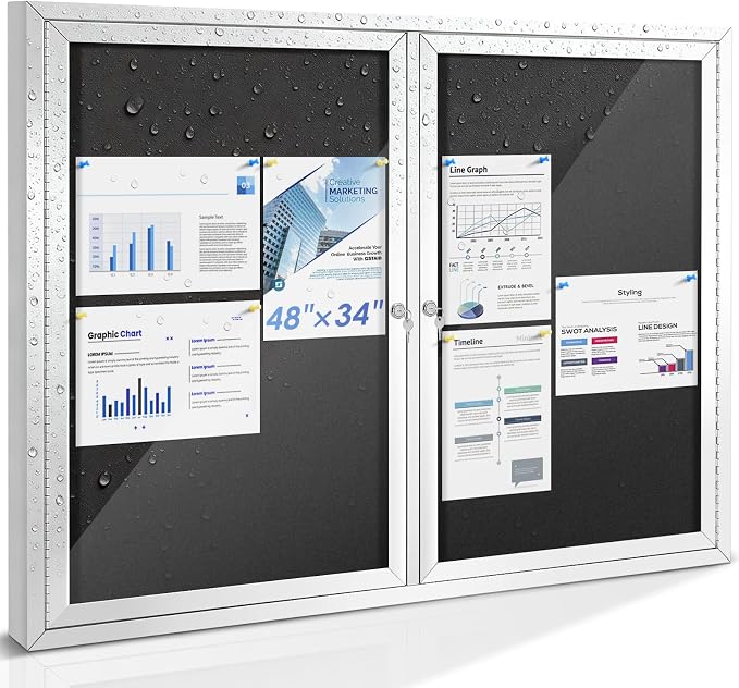 SWANCROWN 48x34 in Outdoor Bulletin Board Black Felt Board, Alu Frame | Locking, Weatherproof, Shatter Resistant, Silver Aluminum Frame, Message Board for Office School Business Community