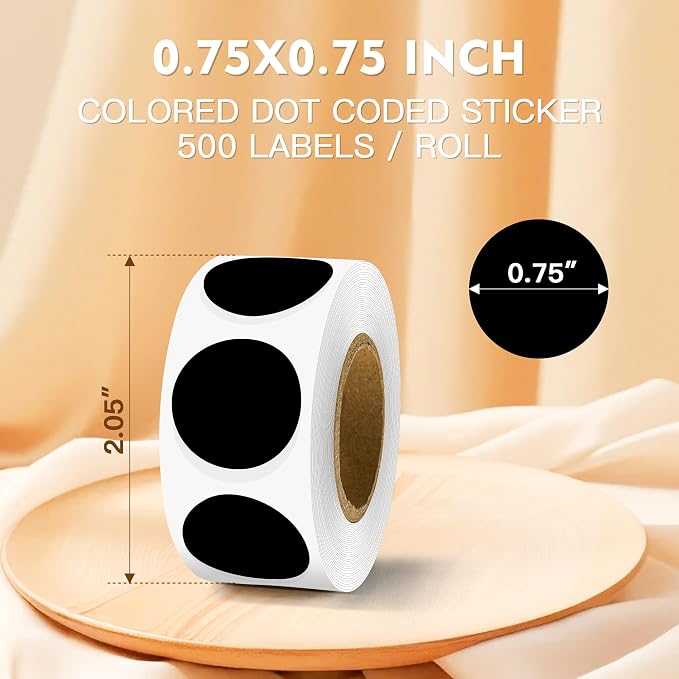 PARLAIM 3/4 Inch Color Coding Label Stickers,500PCS Circle Inventory Sticky Dots Sticker in Dispenser Box,Black Adhesive Round Dot Labels for Office Home