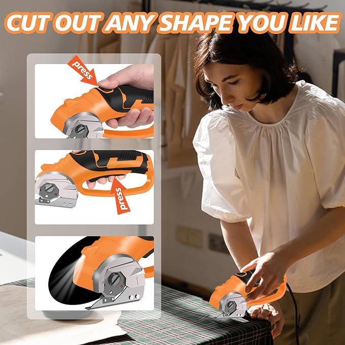 Cordless Electric Scissors, 4V Rechargeable Box Cutter & Cardboard Cutter with Titanium Blade, LED Light, Safety Lock - Rotary Cutter for Fabric, Leather, Carpet, Plastic, Crafting, Sewing(Orange)