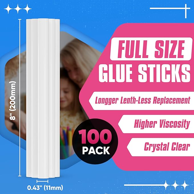 EZUVITA Full Size Hot Glue Sticks, 0.43” Dia x 8” Long, 100-Pack Clear Hot Melt Glue Gun Sticks for All-Temp Full Glue Guns, Multipurpose for DIY Art Craft General Repairs, Festival Decorations