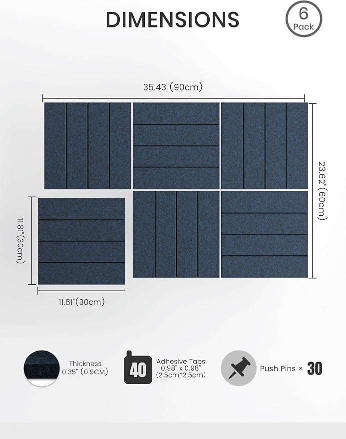 Bumusty 36" x 24" Large Cork Board Alternative, Carbon Blue | 6-Pack Felt Bulletin Board Tiles, 60 Adhesive Tabs, 30 Pushpins, Home, Office, Classroom, Vision Board