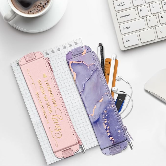 FINPAC 2-Pack Elastic Pen Holder for Notebook Leather Pen Holder | Stationery Zipper Bag for Pencils, Pen Pouch with Elastic Band for Bible Journaling, Planners, Tablets, Lilac Marble