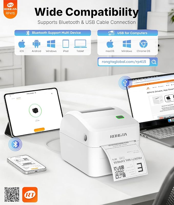 Rongta Thermal Shipping Label Printer, Wireless 4x6 Bluetooth Label Sticker Printer for Shipping Packages for Small Business,Compatible with Windows macOS Android and iOS