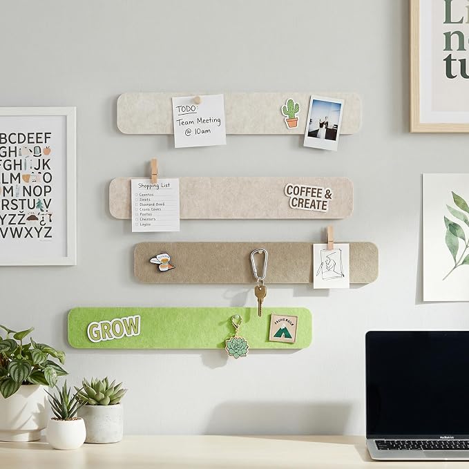 8 Pack Felt Bulletin Board Strips, 13x2 Inch Pin Board, Cork Boards | Self Adhesive, Includes 50 Pushpins and 10 Wooden Clips Push Pins, for Walls Home School Office Decor (Natural Earth Tones)