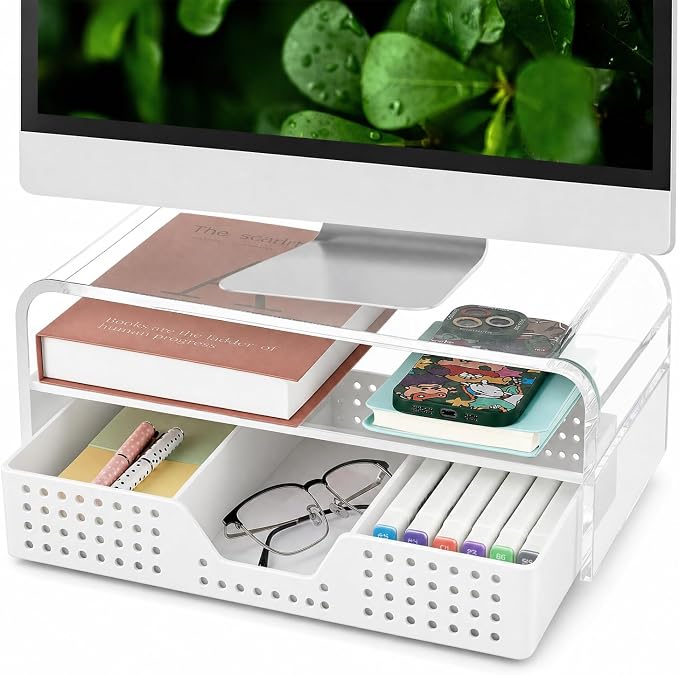 Desk Organizer and Accessories, 2-Tier Computer Monitor Stand Riser with Drawer and 2 Pen Holders, Laptop Stand, Office Desk Accessories for Office Supplies, 1 Pack, Transparent