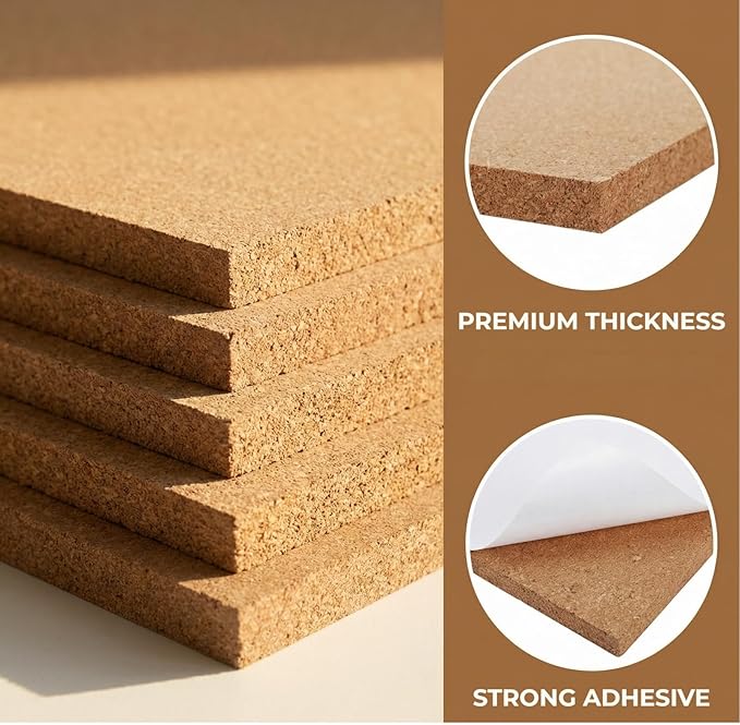 Lyellfe 6 Pack Cork Bulletin Board, 17"x8"-1/2" Thick Self-Adhesive Cork Boards, Frameless Cork Tiles with 50 Push Pins for DIY, Office, School and Home Decor