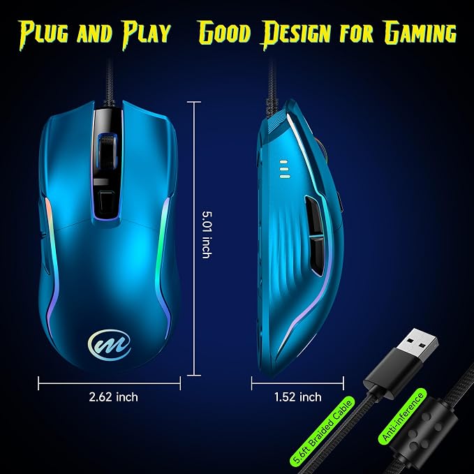 memzuoix Wired Gaming Mouse with RGB - 6 Adjustable DPI up to 12800, 6 Buttons, 12 Lighting Modes, Ergonomic Design with Anti-Slip Rubber Wheel, 5.6ft Braided Cable for PC/Mac/Windows - Blue