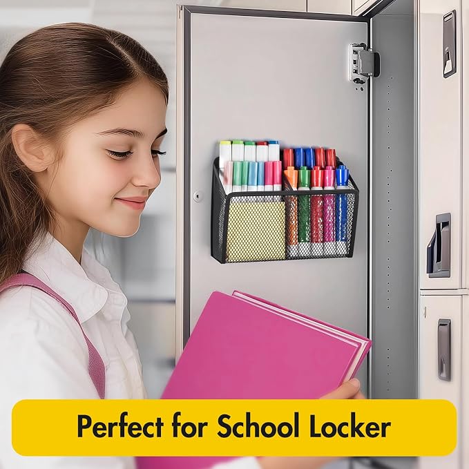 BEYGORM Magnetic Dry Erase Marker Holder for Whiteboard, Locker Organizer | Mesh Non-slip Pen & Pencil Holder for Refrigerator, Basket for Classroom, School &Office (Black, 1-Pack)