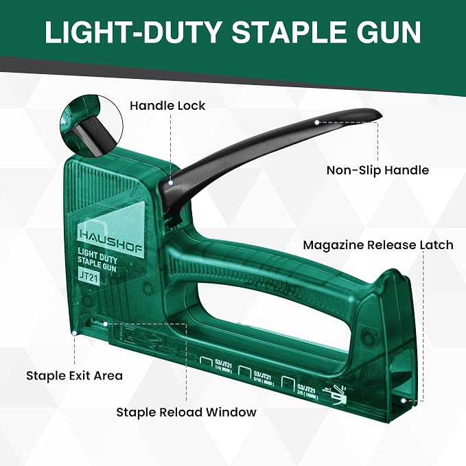 HAUSHOF Light Duty Staple Gun, Upholstery Staple Gun with 800PCS JT21 Staples and Stapler Remover, Fits JT21 Staple of 1/4'', 5/16'' & 3/8'', Used for Wood, Classroom, Crafts, DIY (Green Transparent) | Upholstery Staple Gun Fits JT21 Staple of 1/4'', 5...
