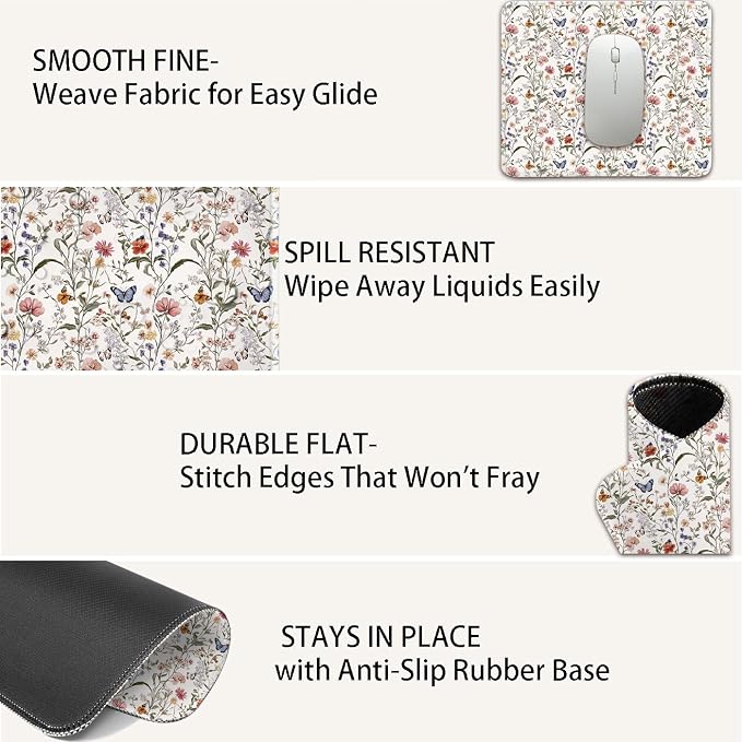 Mouse Pad for Desk with Stitched Edge, Premium Cute Washable Mouse Pads. Computer Mousepad with Non-Slip Rubber Base, Mousepads for Laptop, 9.25x7.75x0.12 inch (Floral Butterflies)