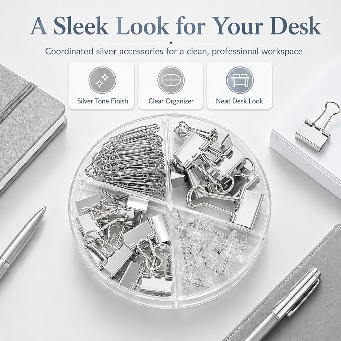 Paper Clips Binder Push Pin Set, Assorted Sized Binder Clips | Cute Office Supplies, Aesthetic Desk Accessories Teachers Desk Must Have, Paper Clips and Binder Clips Set, Silver, 1 Pack