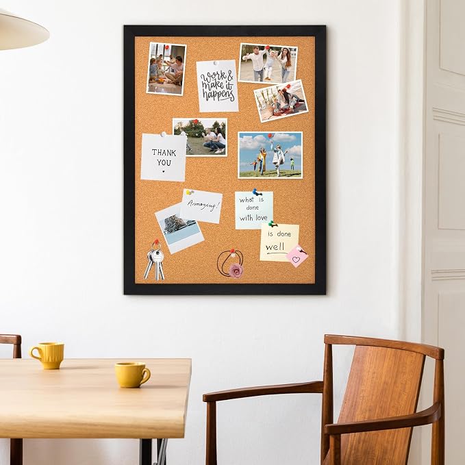 DOLLAR BOSS Cork Board for Wall 24"x18", Black Wood Framed Bulletin Board | Picture Display Pin Board, Decorative Hanging Vision Board, For Office Home School, 10 Pushpins