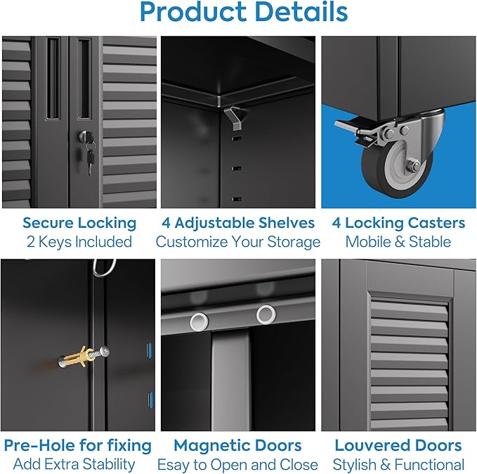 Aobabo Lockable Metal Storage Cabinet with 4 Adjuatable Shelves,Garage Storage Cabinet with Wheels and 5 Remove Pegboard,Required Assembly,Black,70.87''H*31.5''W*15.75''D