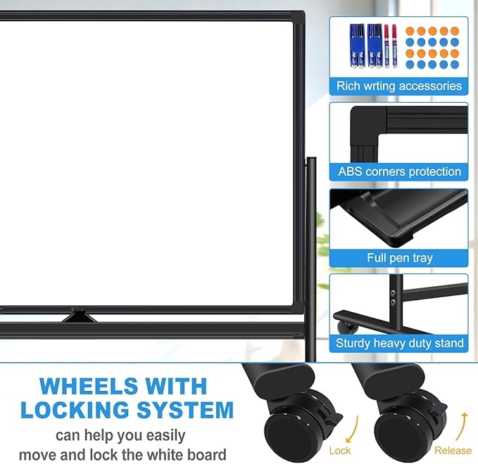 Large Rolling Dry Erase Board 72 x 40, Double Sided Easel Whiteboard with Wheels, Portable Magnetic Mobile White Board with Stand for Office, Classroom & Home