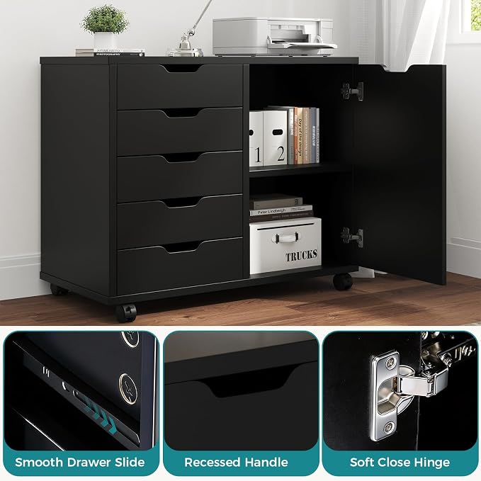 OLIXIS 5-Drawer Rolling Mobile File Cabinet Wood Printer Stand with Storage | Under Desk Storage with Locking Casters Adjustable Shelf, Wood Top 100 lbs Capacity for Home Office Organizer Compact, Black